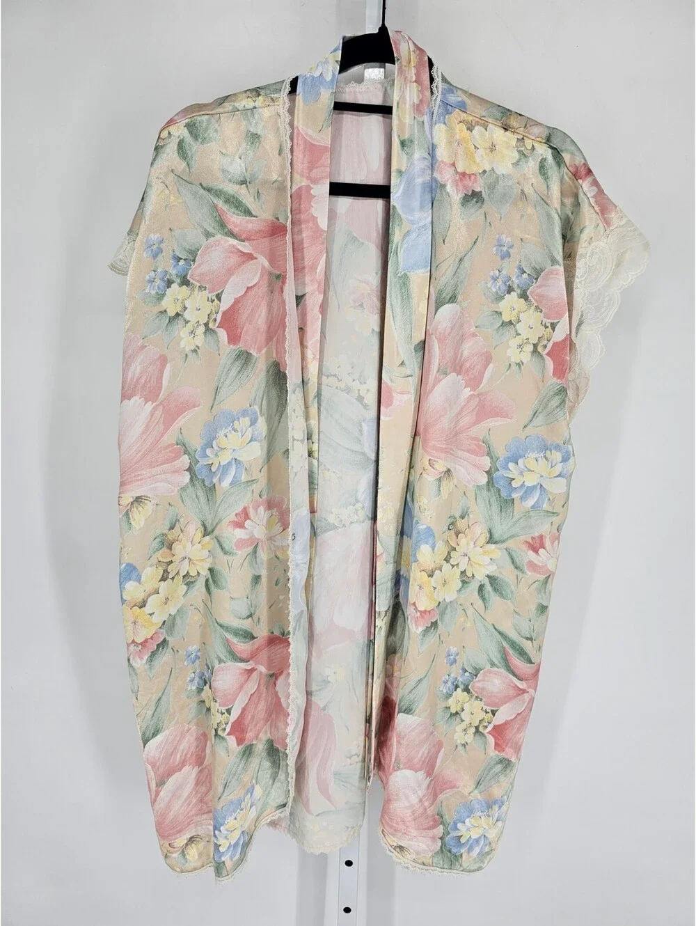 Vintage 1990s Womens Satin Robe Long Sleeve Pastel Floral Print Sexy